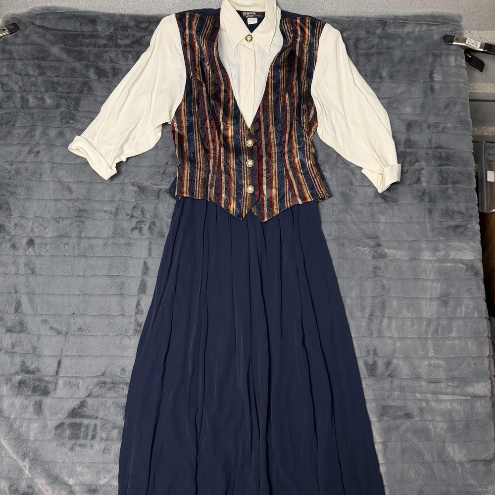 Vintage-Inspired Navy Maxi Skirt Set with Striped Vest and Cream Blouse